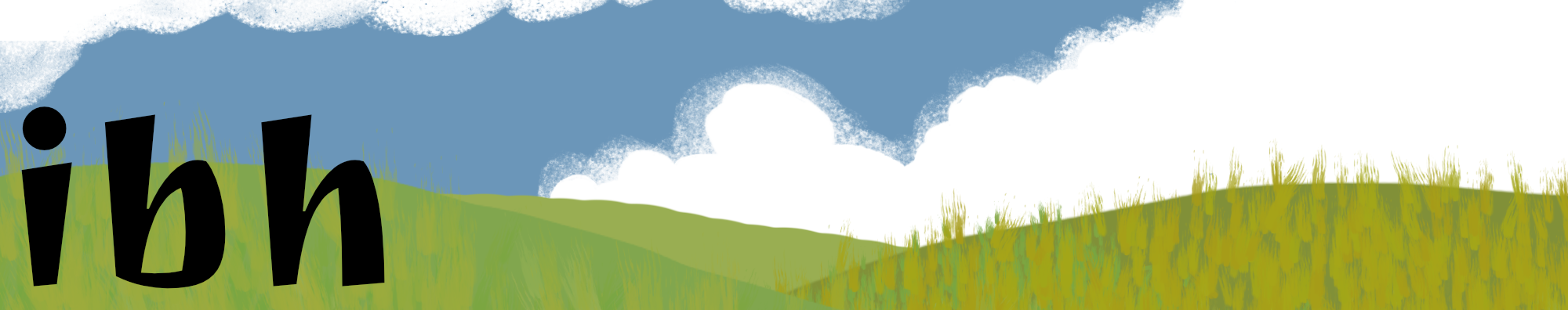 banner featuring rolling hills and blue cloudy skies